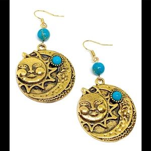 Sun Moon Antique Gold Tn Textured Medallion Blue Jasper Faux Turquoise Earrings